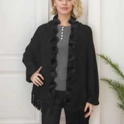 2Pcs Elegant Cardigan Shawl With Fluff Trim And Fringe