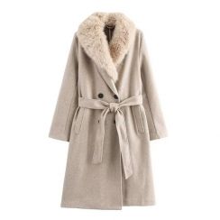 3Pcs Winter Womens Double Breasted Belted Faux Fur Collar Coat